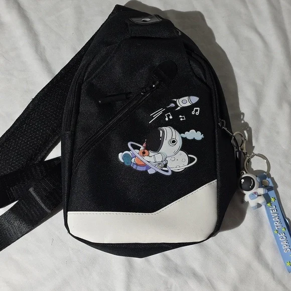 New! Astronaut With Guitar Rocket Black Sling Bag Backpack Kids Cartoon Fun - Picture 6 of 10